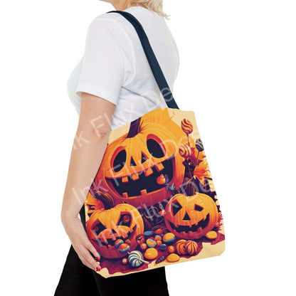 Halloween Tote Bag featuring vibrant Jack O Lantern pumpkins and colorful candies for festive Halloween celebrations.