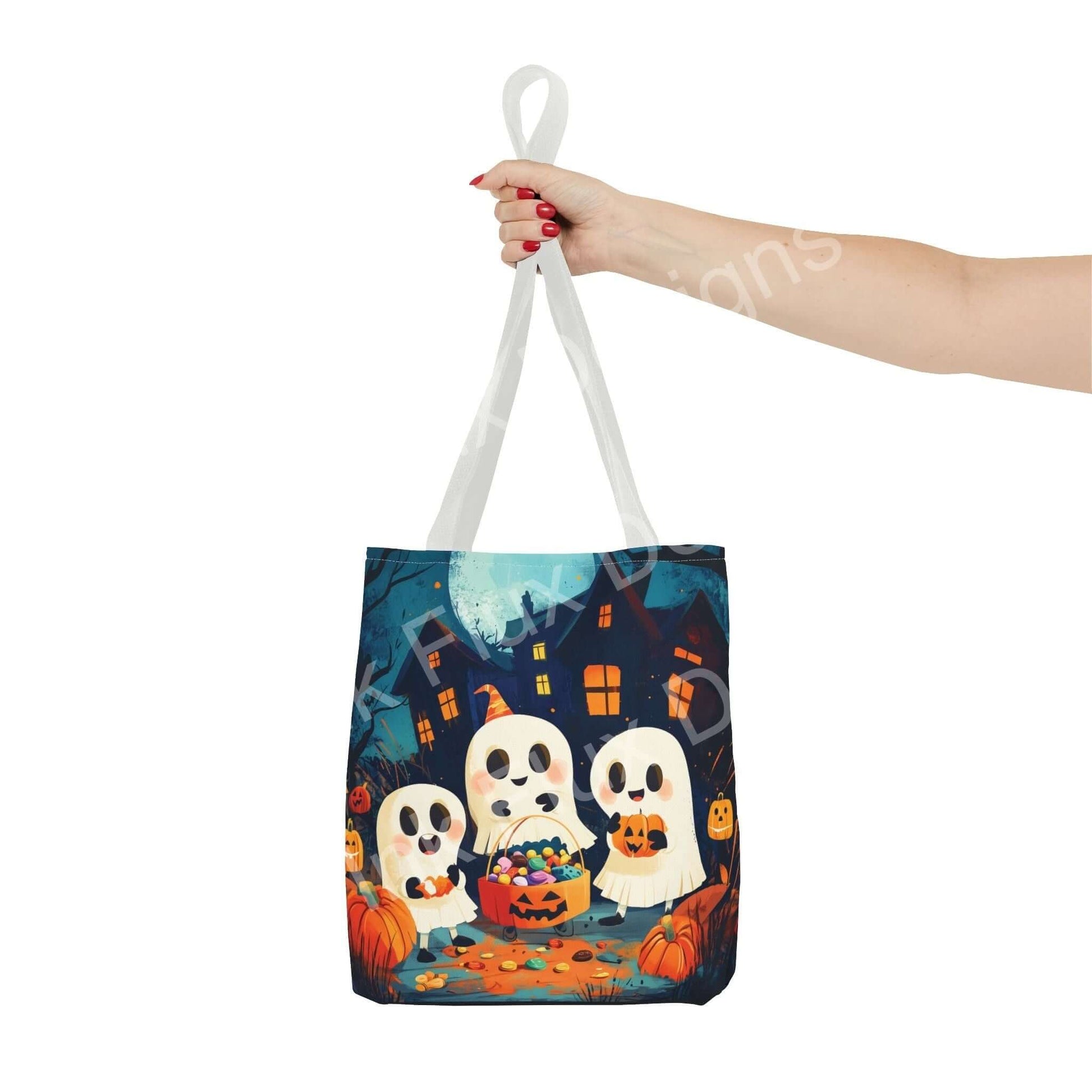 Halloween Tote Bag with cute ghost design and Halloween decorations, perfect for festive shopping.