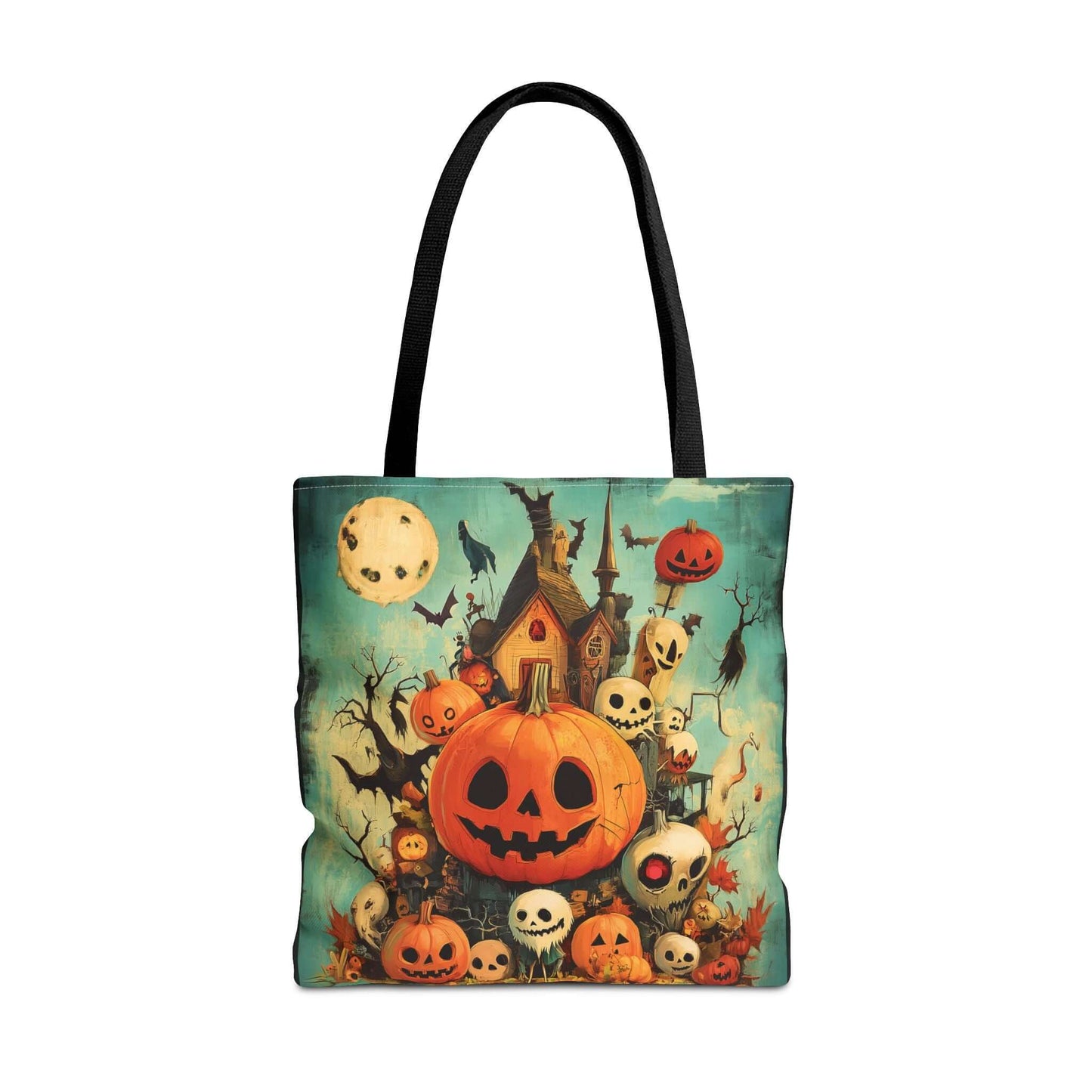 Halloween-themed tote bag featuring jack o' lanterns, haunted house, and spooky moons, made with durable polyester.