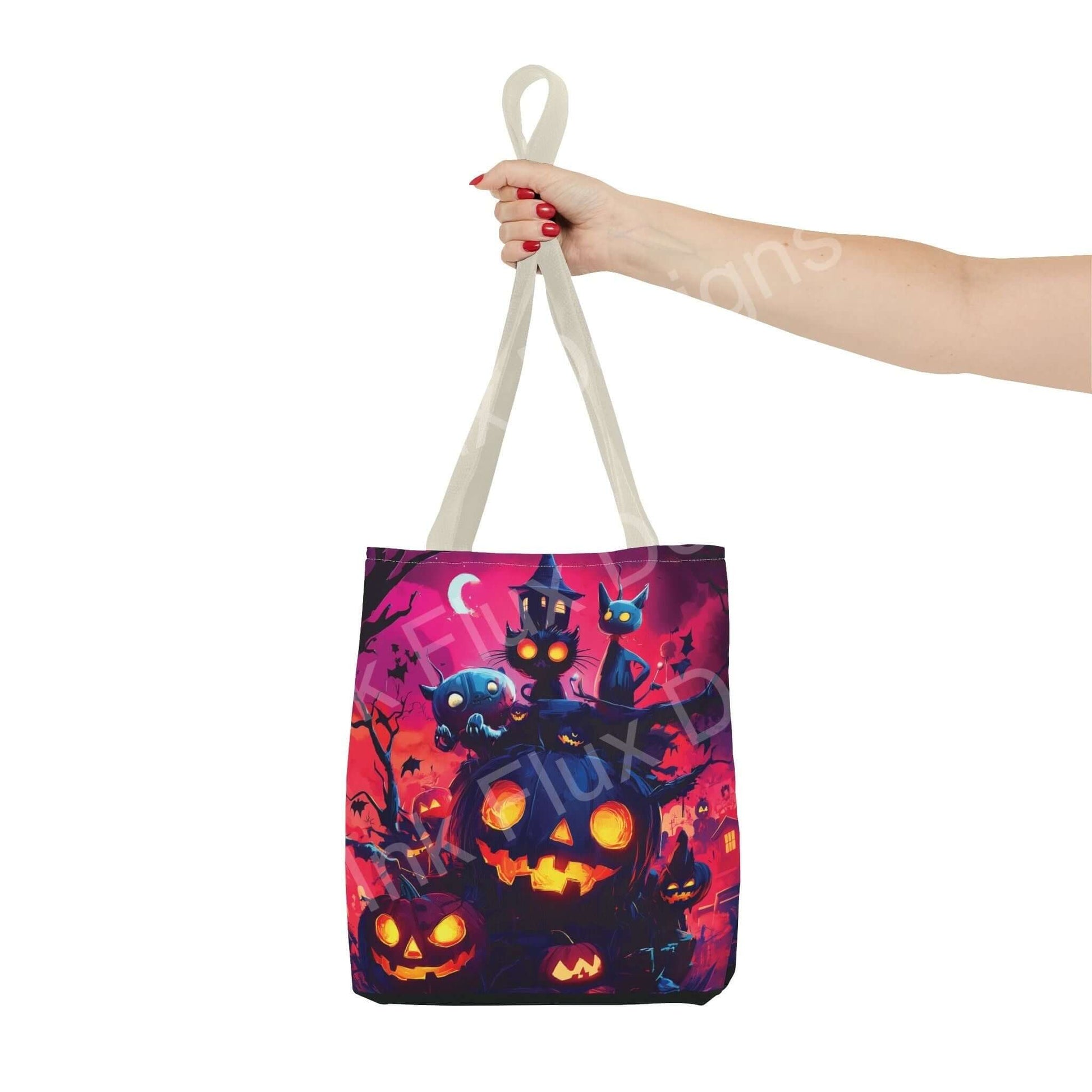 Halloween Tote Bag featuring glowing jack-o-lanterns and spooky creatures on a vibrant night scene.