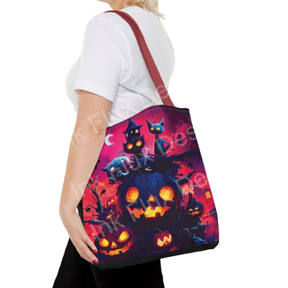 Halloween Tote Bag featuring vibrant Night Jack O Lantern design with glowing pumpkins and spooky cats.