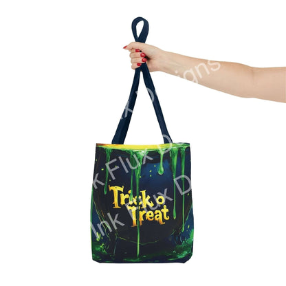 Halloween Tote Bag with Trick or Treat design featuring spooky green slime and dark background.