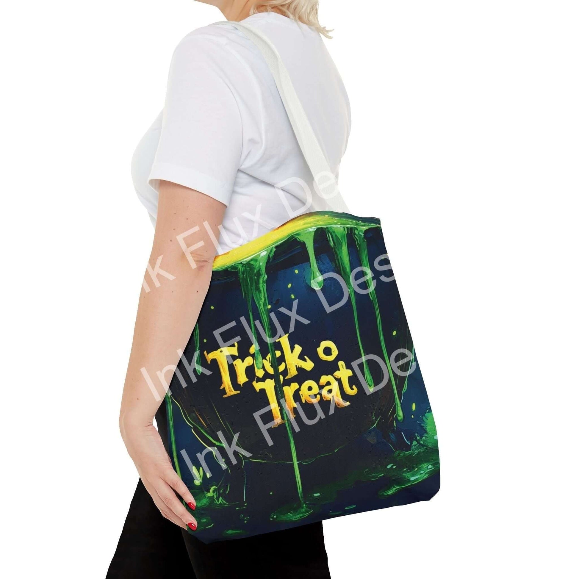 Halloween Tote Bag featuring a witch cauldron design and the text 'Trick o Treat' for spooky celebrations.