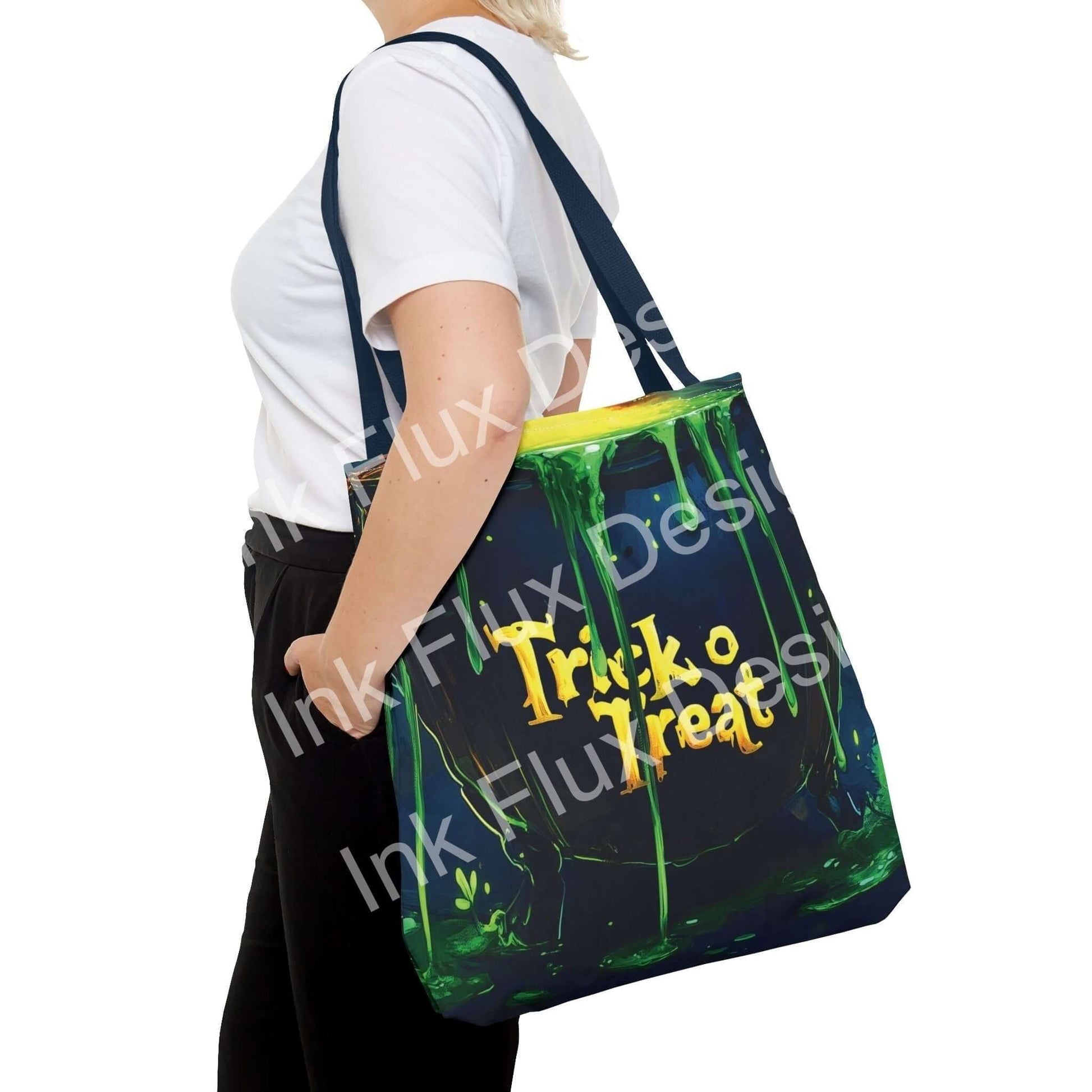 Halloween Tote Bag featuring a cauldron design with 'Trick o Treat' text and vibrant green accents.