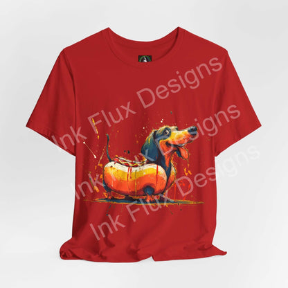 Hot Dog Hustle Funny Dachshund T-Shirt featuring a wiener dog design, perfect for dog lovers and humor enthusiasts. Funny Dog T-Shirt.