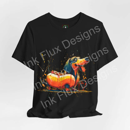 Funny Dog T-Shirt featuring a dachshund in a hot dog motif on a black tee shirt.