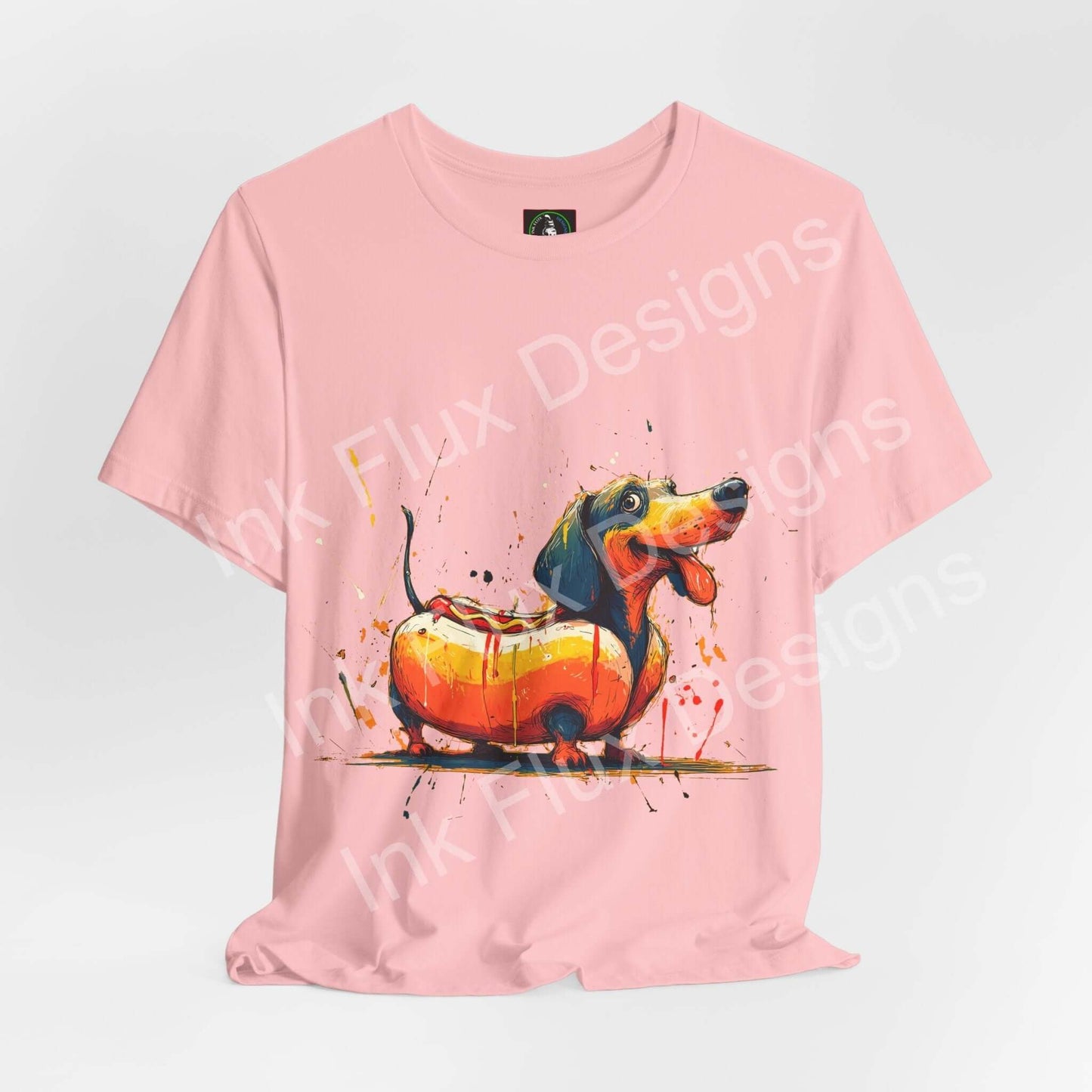 Funny Dog T-Shirt featuring a playful dachshund illustration styled as a hot dog on a pink tee.