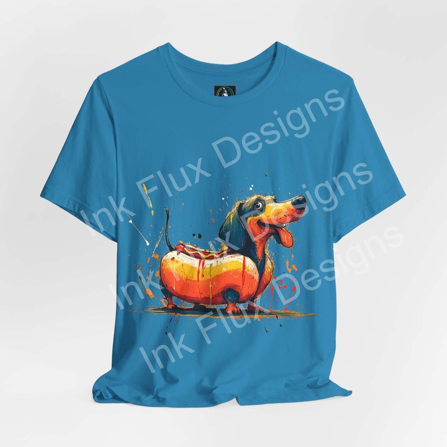 Funny Dog T-Shirt featuring a dachshund dog styled as a hot dog on a vibrant blue tee.