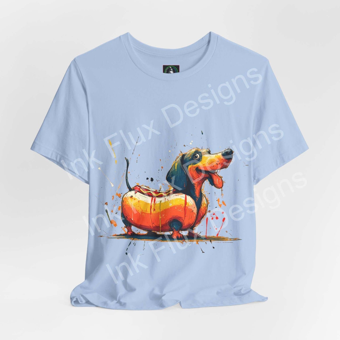 Funny Dog T-Shirt featuring a dachshund styled as a hot dog on a light blue shirt.