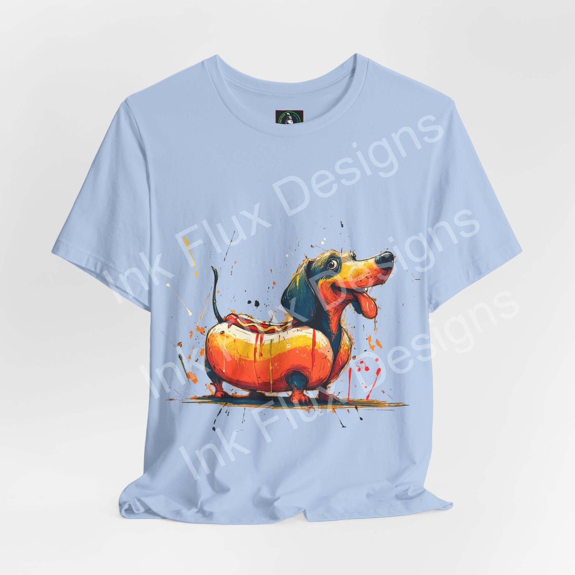 Funny Dog T-Shirt featuring a dachshund styled as a hot dog on a light blue shirt.