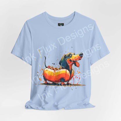 Funny Dog T-Shirt featuring a dachshund styled as a hot dog on a light blue shirt.