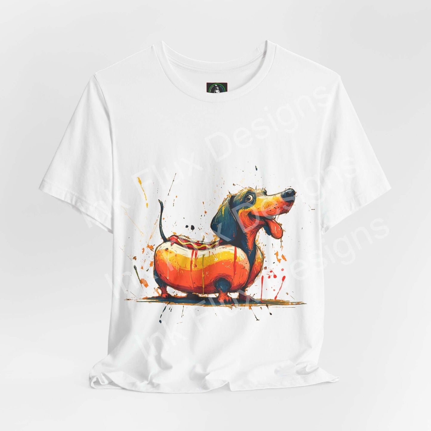 Funny Dog T-Shirt featuring a colorful dachshund illustration styled as a hot dog.