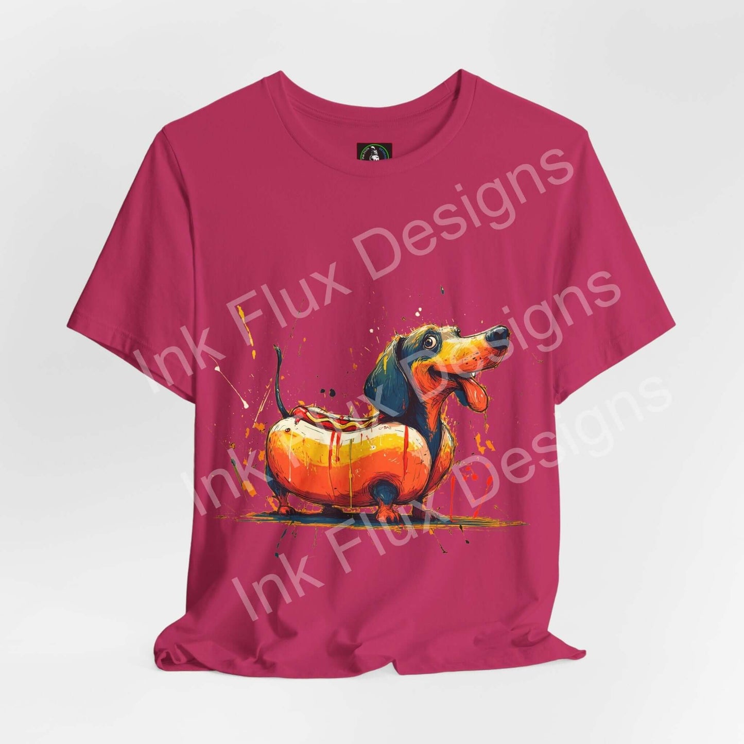 Funny Dog T-Shirt featuring a whimsical dachshund styled as a hot dog on a vibrant pink tee.