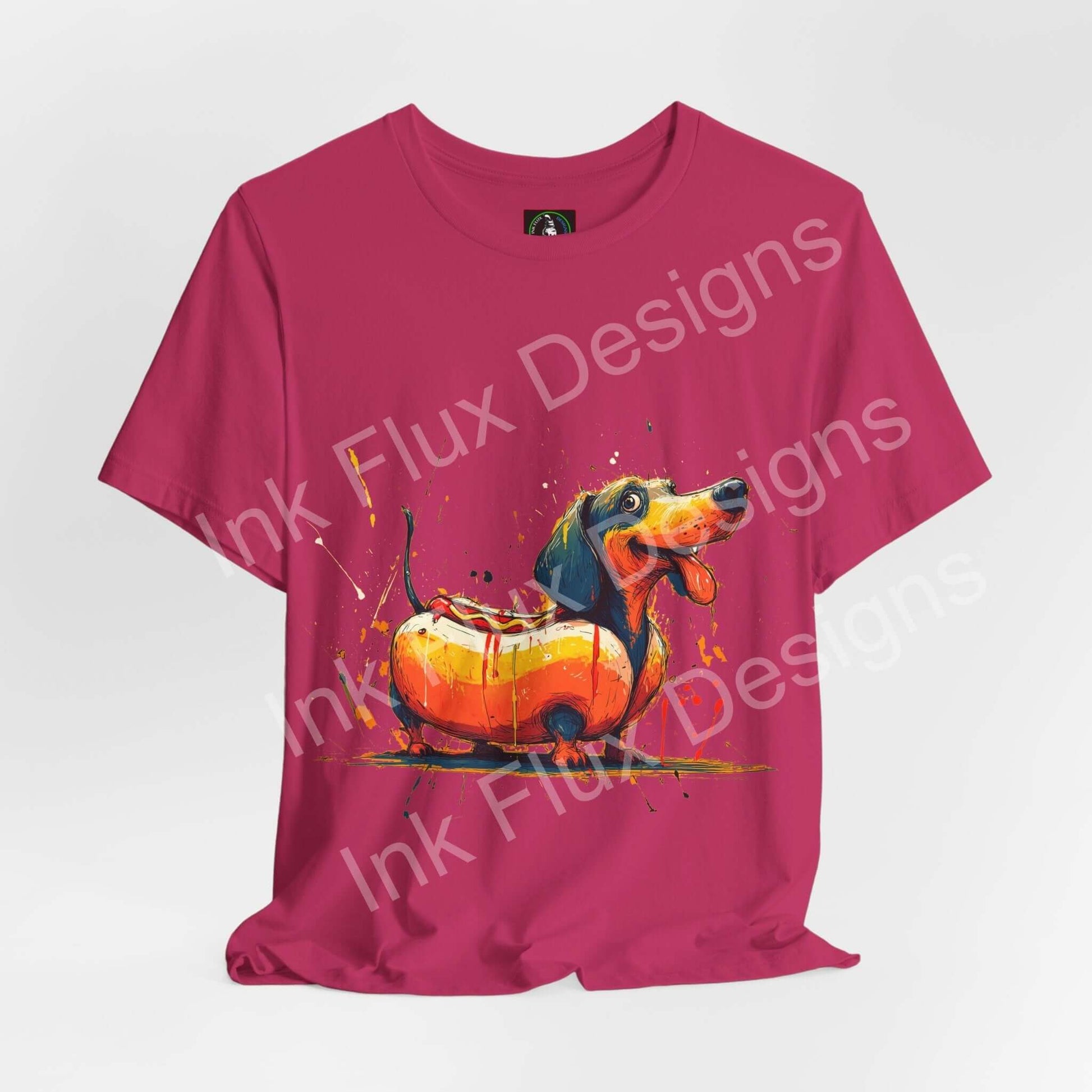 Funny Dog T-Shirt featuring a whimsical dachshund styled as a hot dog on a vibrant pink tee.