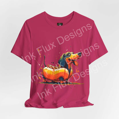 Funny Dog T-Shirt featuring a whimsical dachshund styled as a hot dog on a vibrant pink tee.