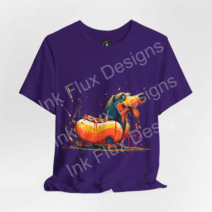 Funny Dog T-Shirt featuring a dachshund styled as a hot dog on a vibrant purple background.
