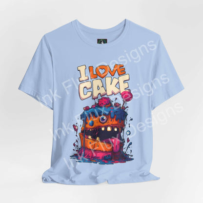I Love Cake II funny graphic T-shirt featuring a colorful monster cake with bold cartoon design.
