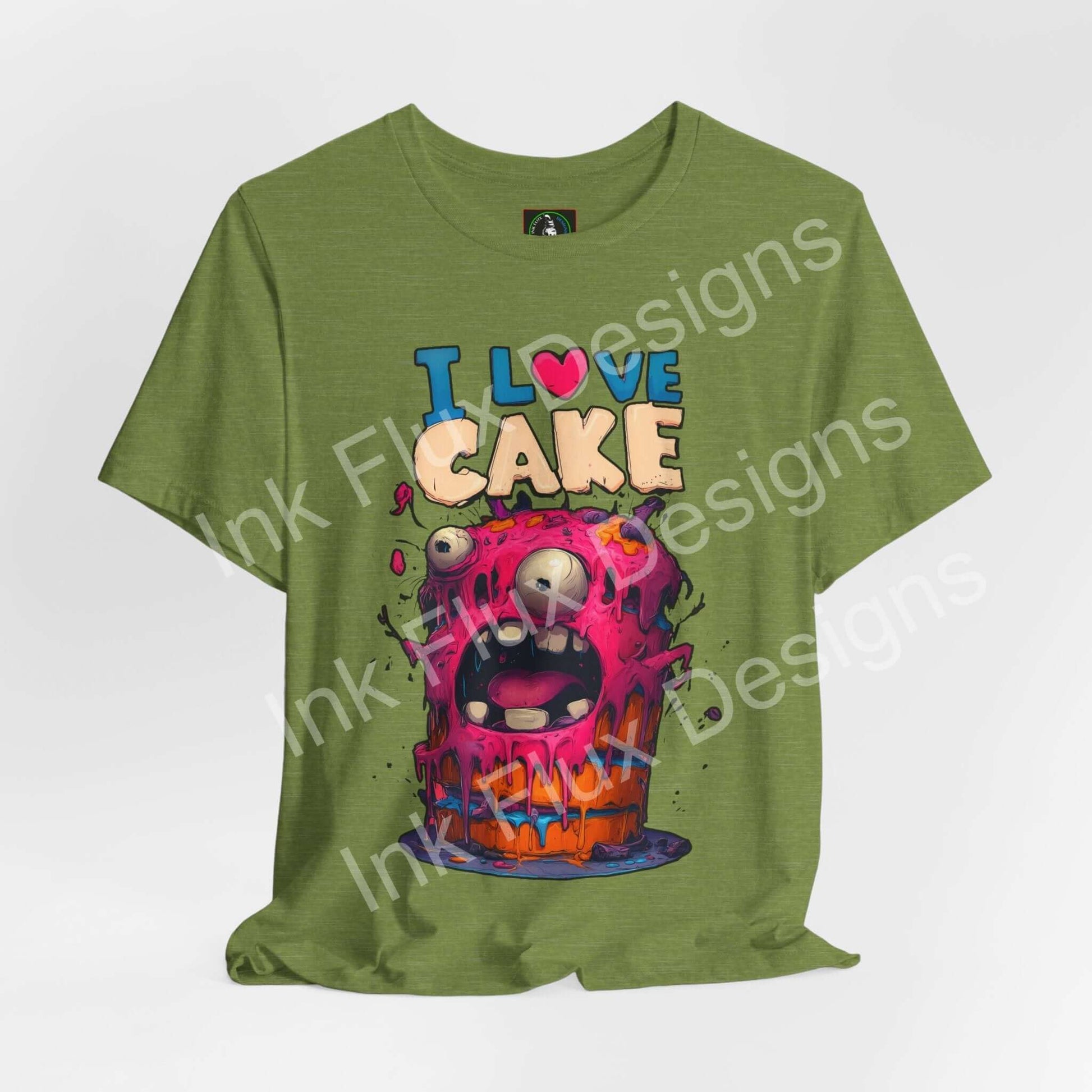 Funny Graphic T-Shirt featuring a cartoon monster cake with vibrant colors and playful design.