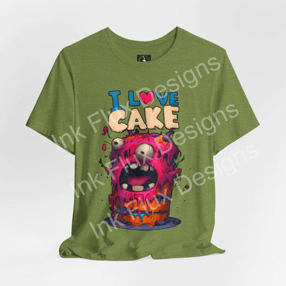 Funny Graphic T-Shirt featuring a cartoon monster cake with vibrant colors and playful design.
