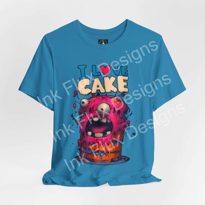 Funny Graphic T-Shirt featuring a monster cake with vibrant colors and playful design.