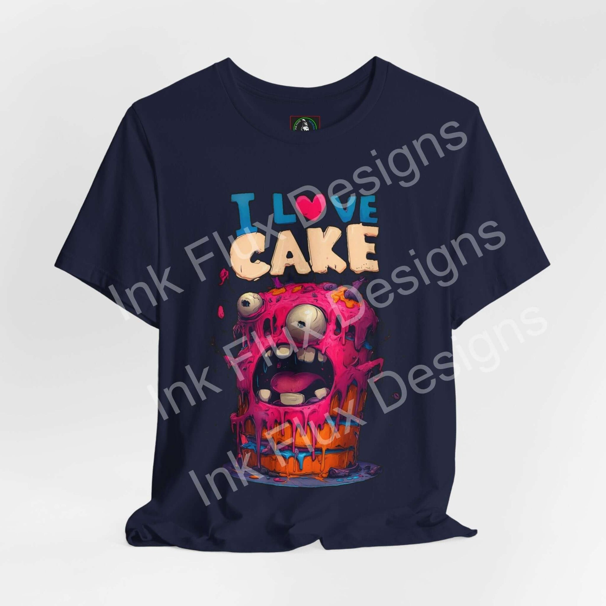 I Love Cake Funny Graphic T-Shirt featuring a colorful monster cake design with melting frosting.