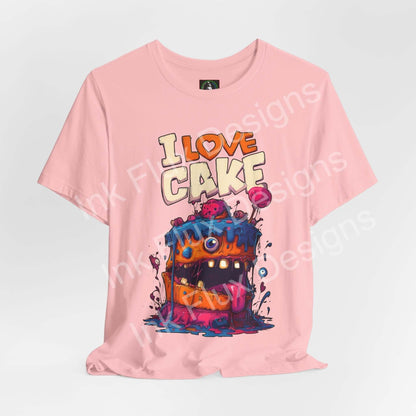 Funny Graphic T-Shirt featuring a cartoon monster cake with vibrant colors and playful design.