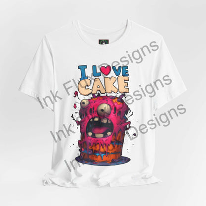 I Love Cake Funny Graphic T-Shirt featuring a colorful monster cake with melting frosting and playful design.