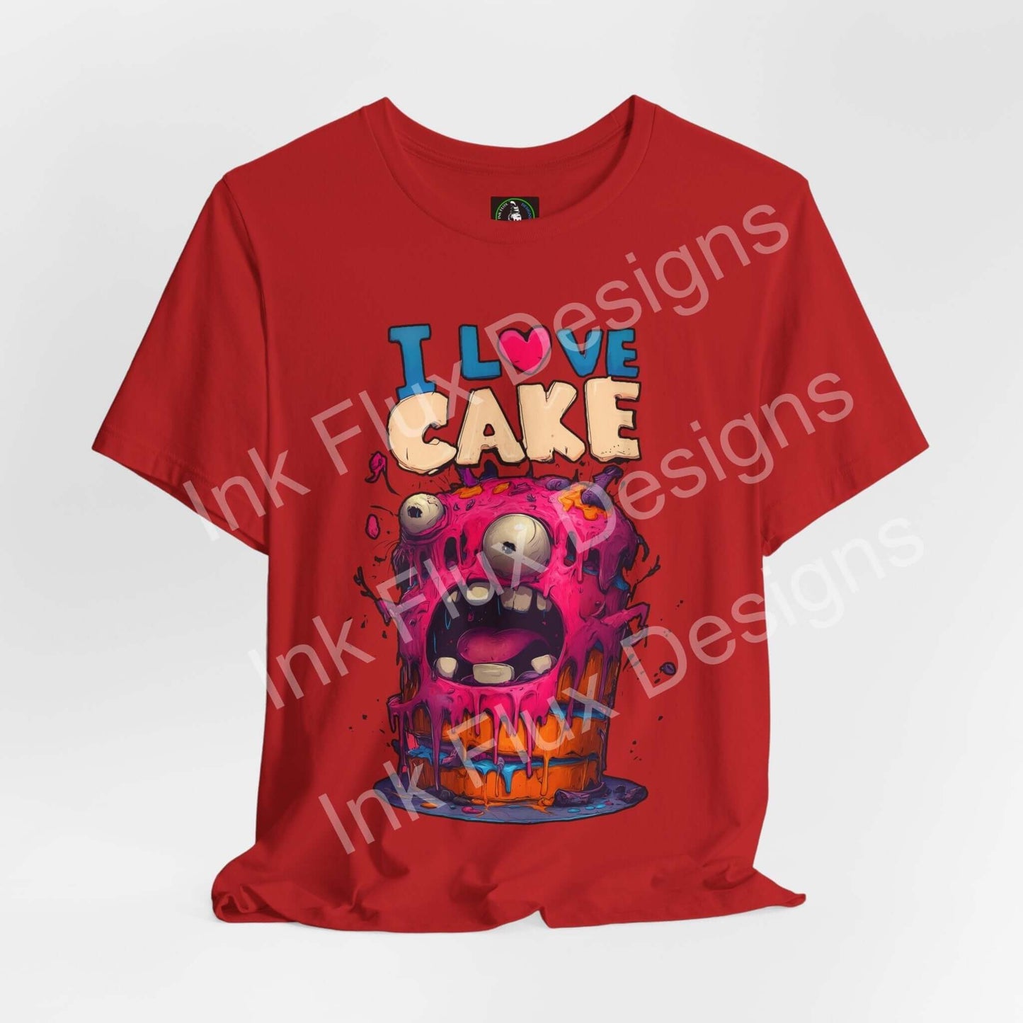 I Love Cake Funny Graphic T-Shirt featuring a colorful monster cake design with vibrant colors and playful humor.