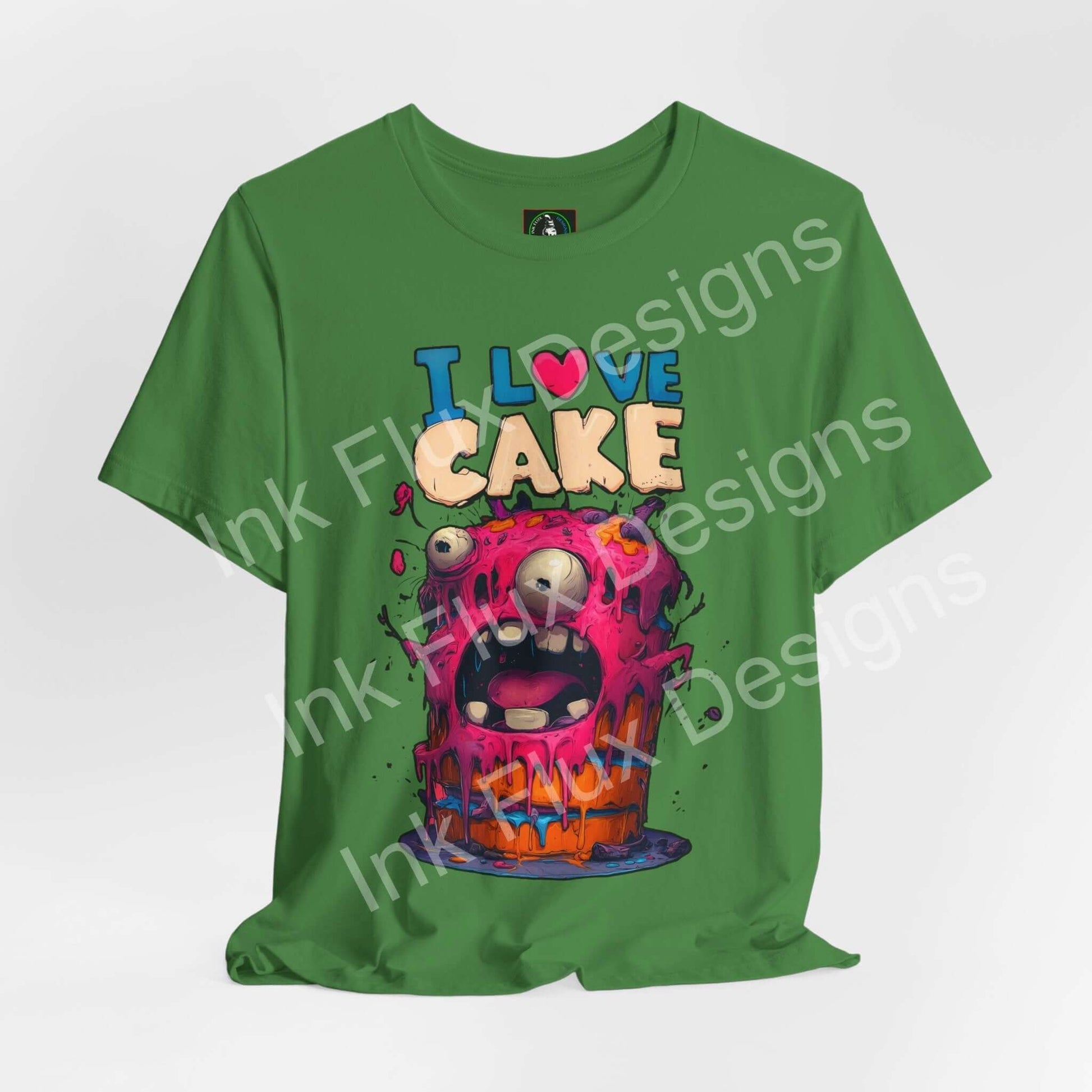I Love Cake Funny Graphic T-Shirt featuring a colorful monster cake design with vibrant colors and playful humor.