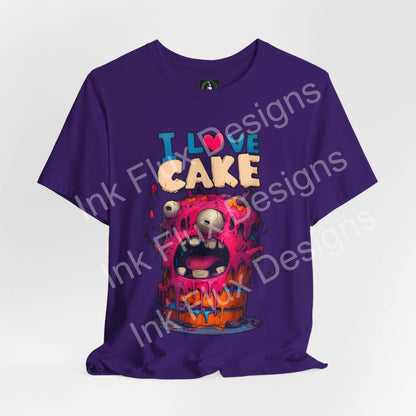 I Love Cake Funny Graphic T-Shirt featuring a colorful monster cake with expressive eyes and playful design.