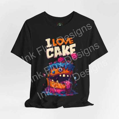 I Love Cake II Funny Graphic T-Shirt featuring a colorful monster cake design with bold cartoon art and exaggerated features.