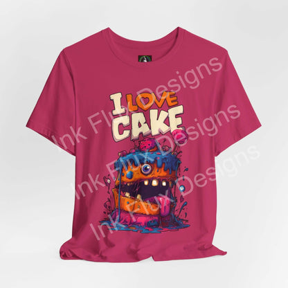 I Love Cake II Funny Graphic T-Shirt featuring a colorful monster cake with exaggerated features and cartoon elements.