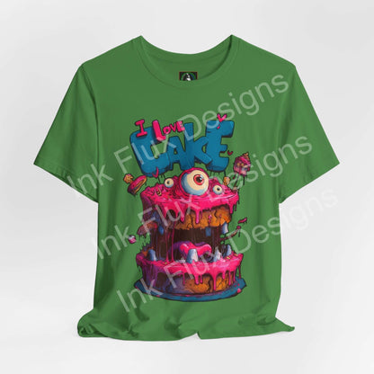 Funny Graphic T-Shirt featuring a colorful monster cake design with oversized eyes and dripping icing.