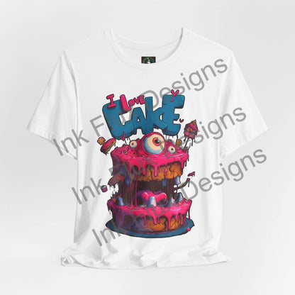 I Love Cake III Funny Graphic T-Shirt featuring a colorful monster cake design with frosting and playful details.