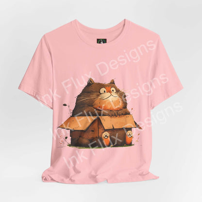 Funny Cat T-Shirt featuring a chunky cat sitting in a small box design, playful graphic tee.