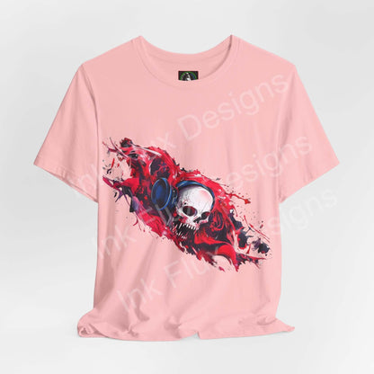 Dead Frequency II unisex T-shirt by Ink Flux Designs, featuring a vibrant skull graphic on pink fabric, perfect for casual style.