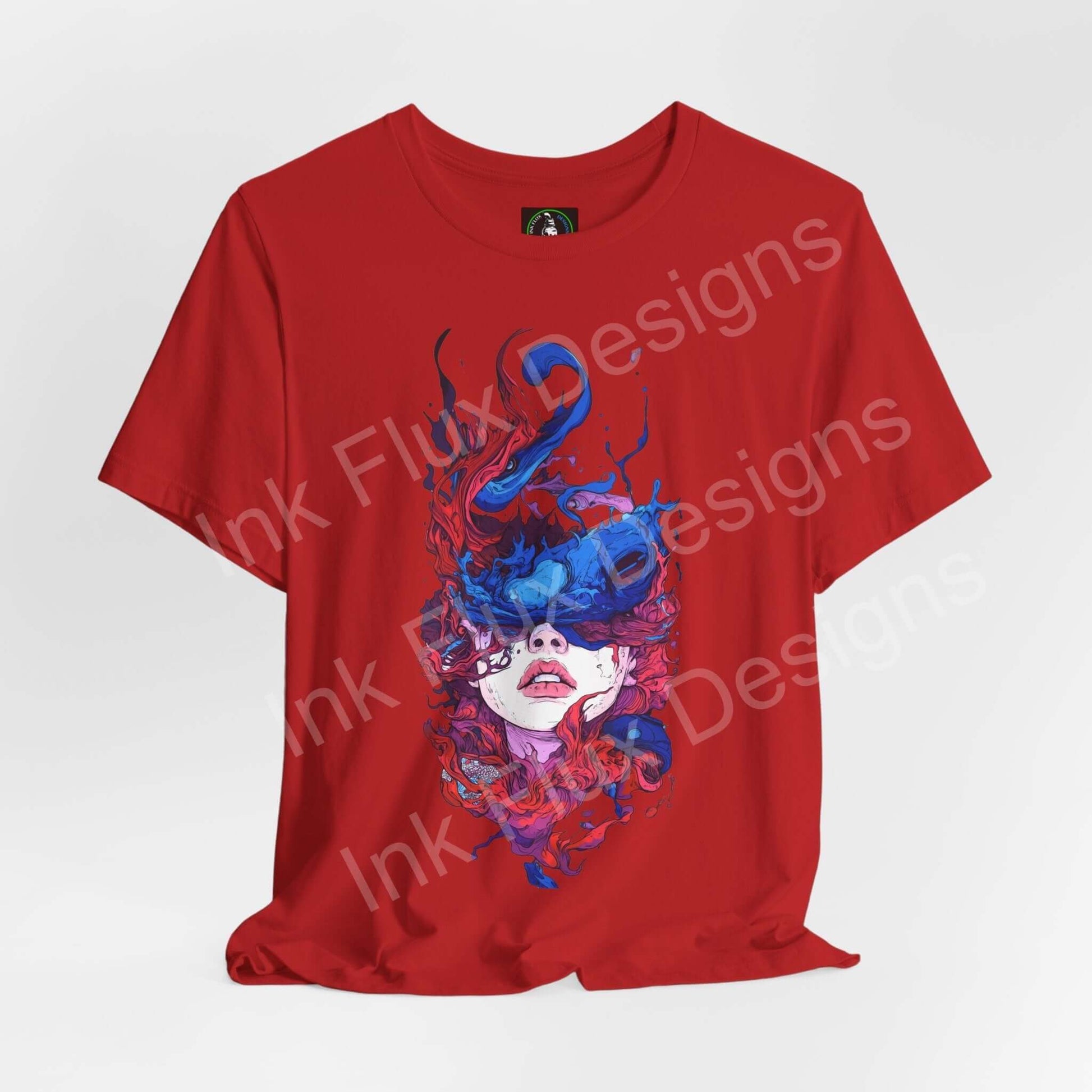 Red unisex T-shirt featuring vibrant artwork by Ink Flux Designs, showcasing a colorful design for casual style.