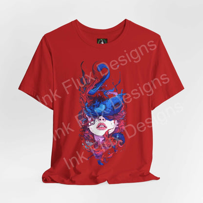 Red unisex T-shirt featuring vibrant artwork by Ink Flux Designs, showcasing a colorful design for casual style.