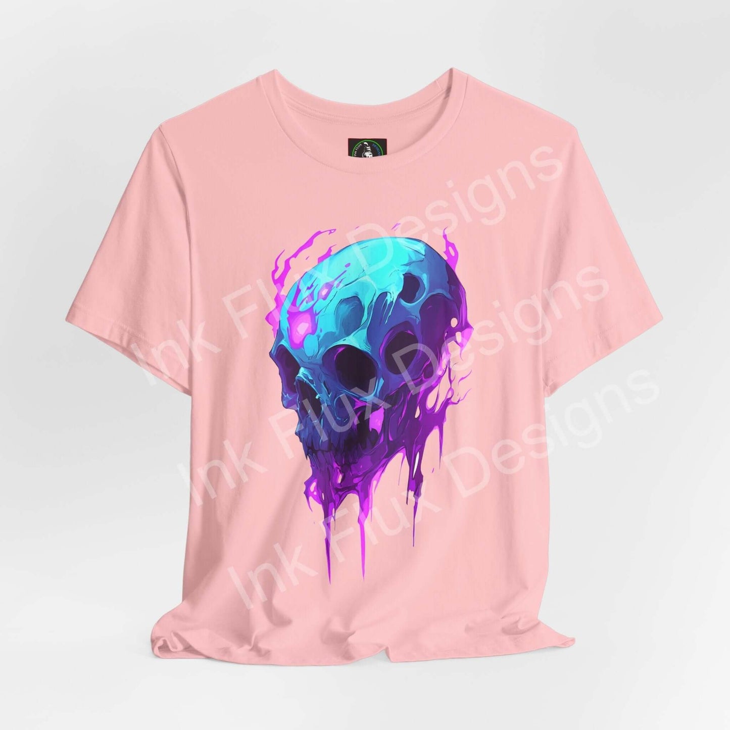 Ethereal Melting Skull II T-shirt by Ink Flux Designs, featuring a vibrant skull graphic on a pink jersey tee.