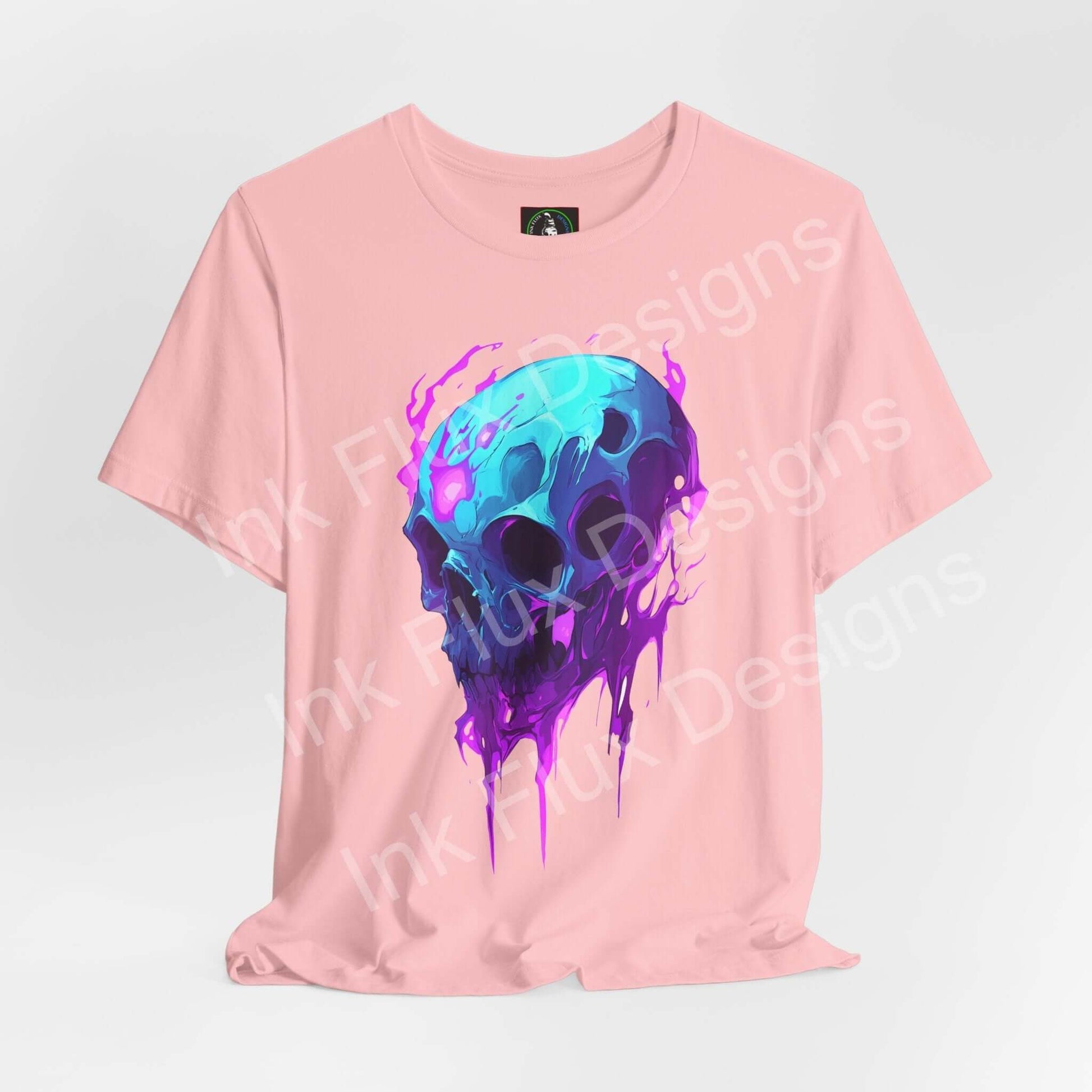 Ethereal Melting Skull II T-shirt by Ink Flux Designs, featuring a vibrant skull graphic on a pink jersey tee.