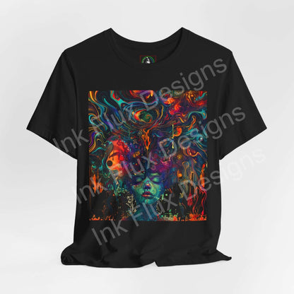 Euphoric Dreamscape II black T-shirt by Ink Flux Designs featuring vibrant abstract art, perfect blend of comfort and style.