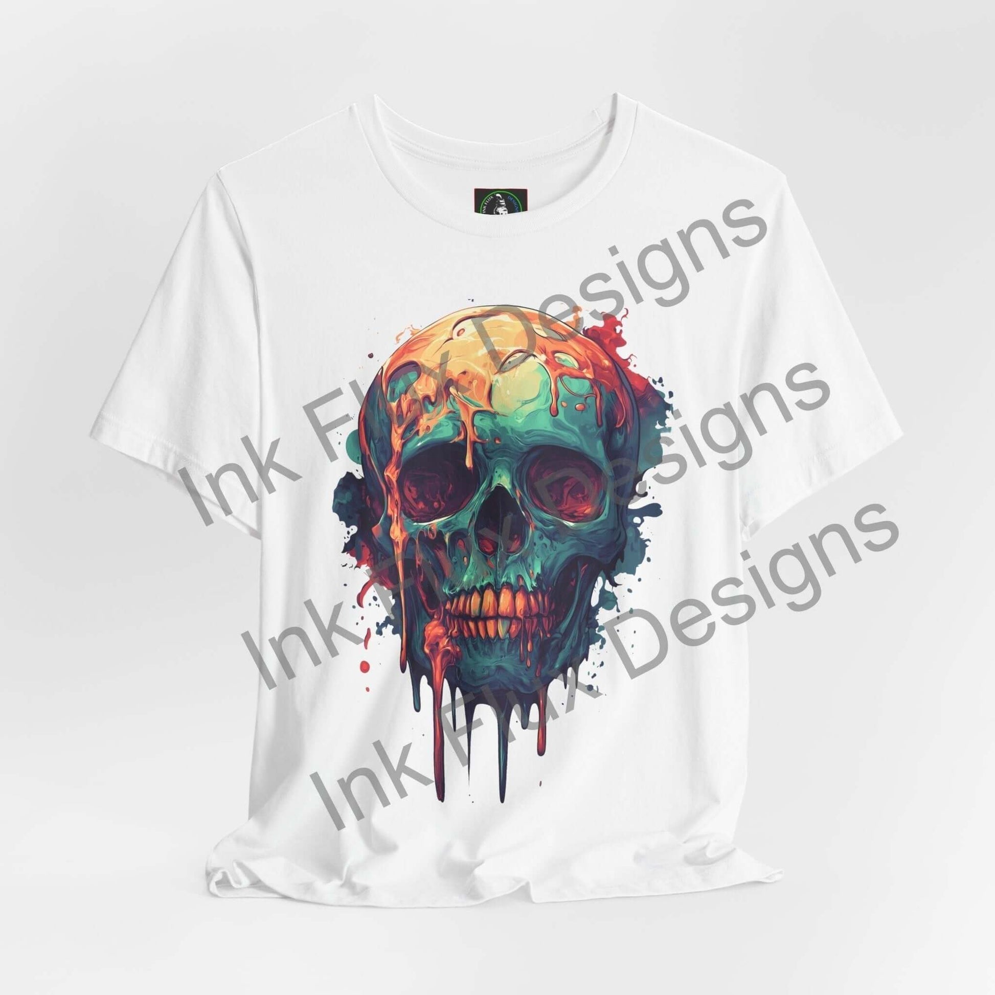 Melted Skull IV unisex T-shirt by Ink Flux Designs featuring colorful skull art on a white background.