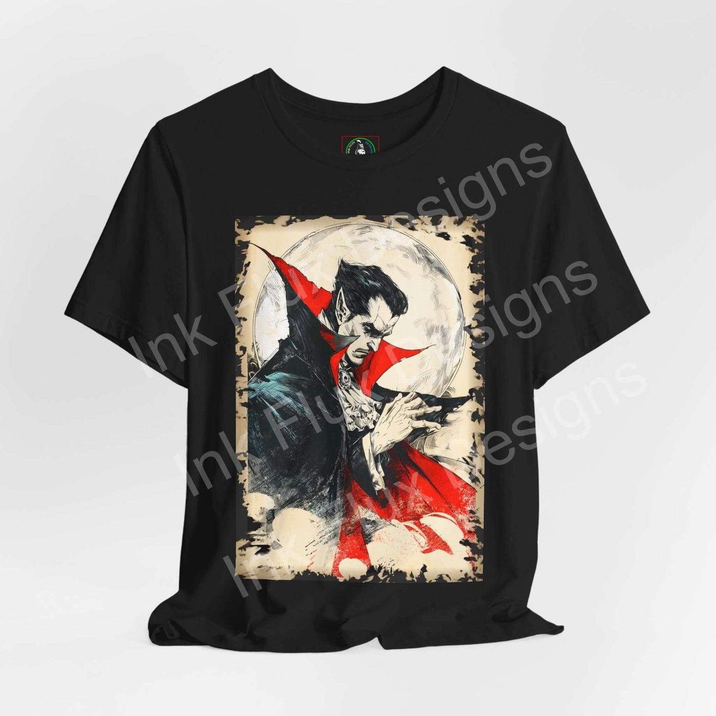 dracula t-shirt featuring a gothic horror design by Ink Flux Designs, ideal for Halloween and horror fans.