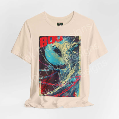 Ghost t-shirt featuring a haunting graphic design with a spectral figure and chains, perfect for Halloween by Ink Flux Designs.