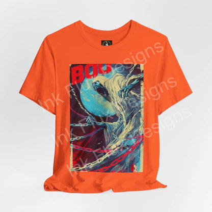 Ghost t-shirt featuring a haunting graphic design with the word 'Boo' in bold, perfect for Halloween.