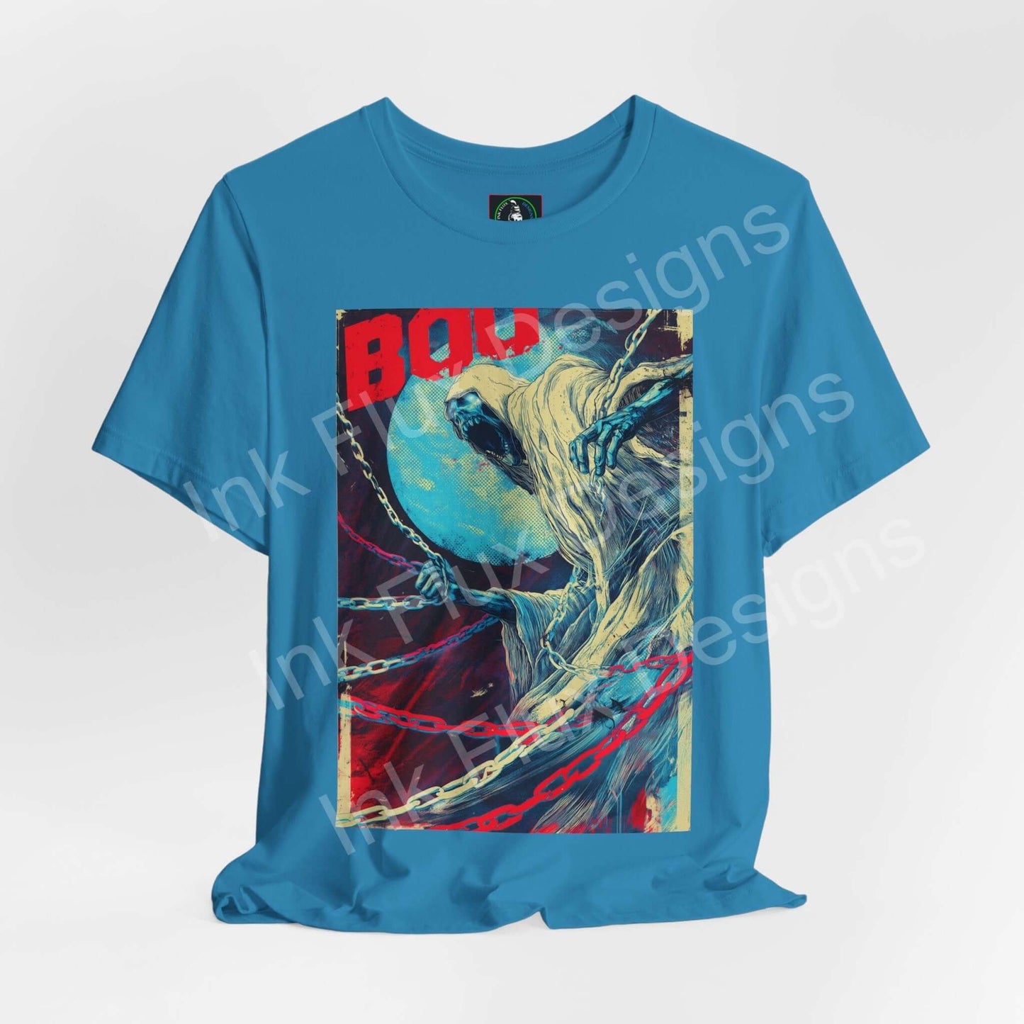 Ghost t-shirt featuring a haunting design with an eerie glow, perfect for Halloween by Ink Flux Designs.