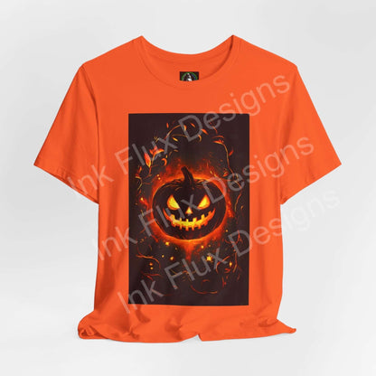 Jack-O-Lantern T-Shirt – Pumpkin Face Halloween Tee in vibrant orange with spooky pumpkin graphic.