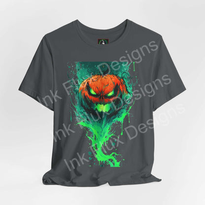 Ink Flux Jack o Lantern 2025 04 graphic t-shirt featuring a vibrant pumpkin design in green and orange.