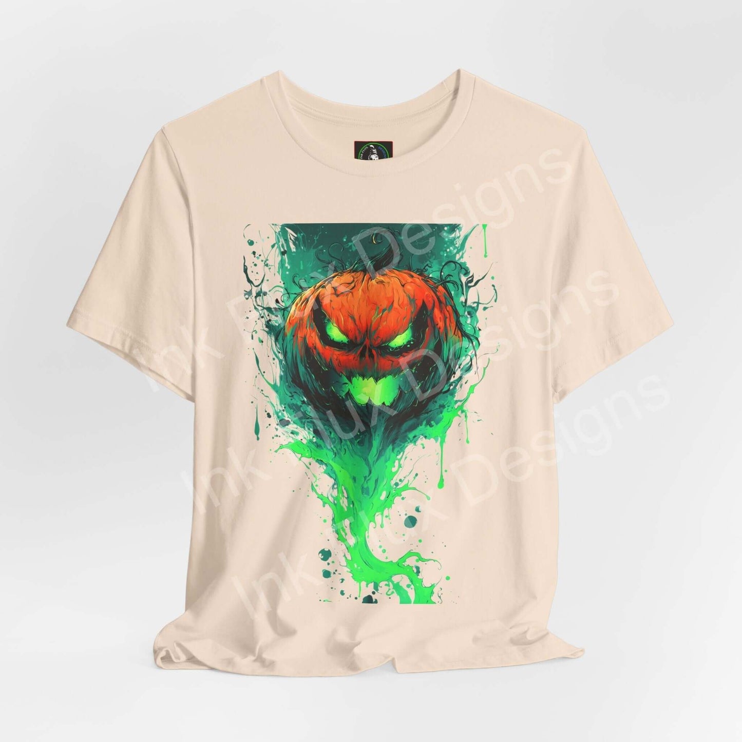 Ink Flux Jack o Lantern 2025 04 unisex graphic t-shirt featuring a vibrant Jack-o'-lantern design.