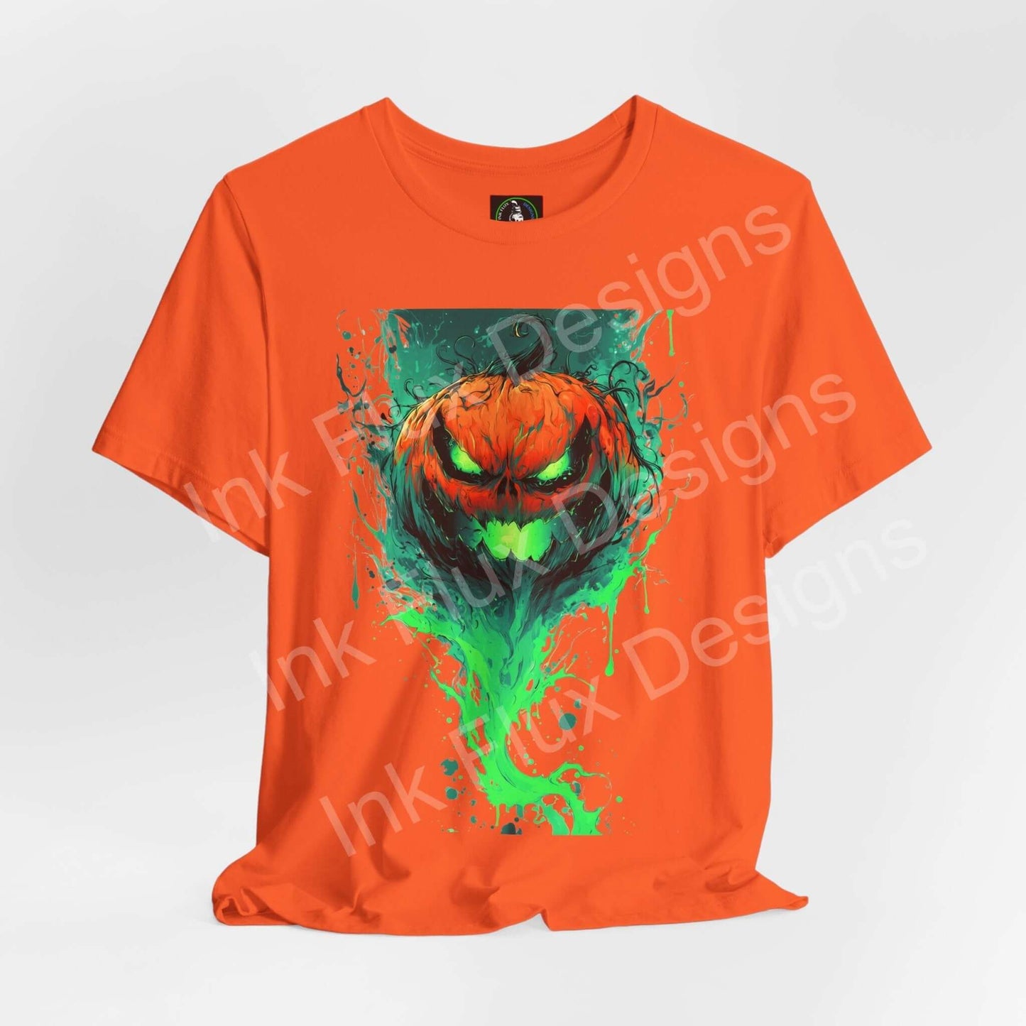 Ink Flux Jack o Lantern 2025 04 unisex graphic t-shirt in bright orange featuring a vibrant pumpkin design.